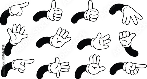 Set of cartoon white glove hand gestures including pointing thumbs up open palm and fist poses in retro animation style vector illustration collection
