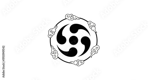 A black and white stylized symbol resembling a tomoe or a shuriken with swirling patterns and small clouds around the edge.