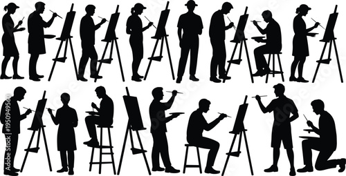 Set of artist silhouettes painting on easels, creative people drawing in studio, art class workshop, painters at work, hobby creativity concept illustration collection