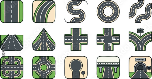 Road and Highway Map Icons Set (15) — Vector Flat Navigation Symbols with Intersections, Roundabout, Interchange, Overpass and Tunnel