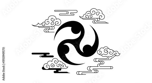 A black and white illustration of a Japanese mon (family crest) surrounded by stylized clouds.