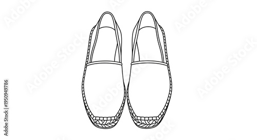 Top View Line Art Drawing of Classic Espadrilles Shoes on White Background