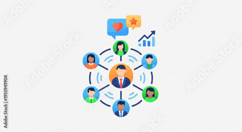 Business team networking and communication concept with connected people icons and social media symbols