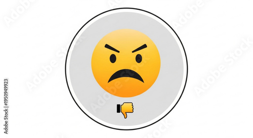 Angry face emoji with thumbs down in gray circle expressing dislike or frustration on white background