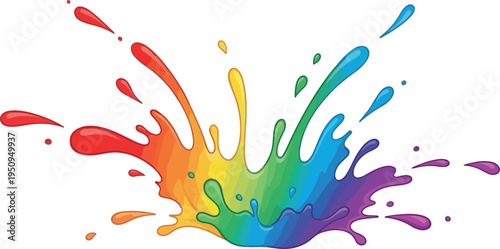 Vibrant rainbow paint splashes dynamically across a white surface