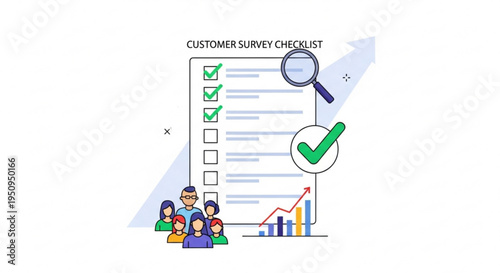 Customer survey checklist with magnifying glass and satisfied people business concept for market research and feedback analysis