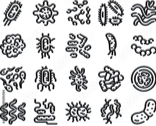 Various illustrated microorganisms and bacteria in diverse shapes and forms for microbiology, medical and scientific concepts, research, health and pathogen themed design