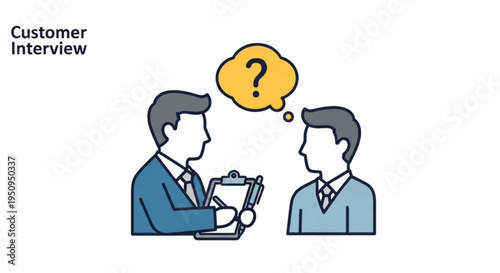 Businessman conducting customer interview with question mark thought bubble