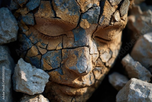 Artistic face made of cracked ground and stone conveying resilience and connection to nature