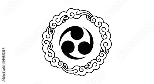 A black and white circular emblem featuring a tomoe symbol surrounded by stylized clouds.