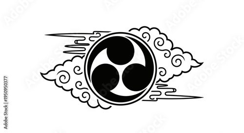A black and white illustration of a Japanese kamon symbol with swirling clouds.