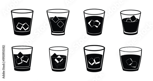 Glass of whiskey with ice cubes silhouette icon featuring bourbon scotch rum drink, bar pub refreshment more vector illustration or editable stroke.