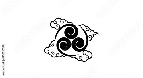 A black triple tomoe symbol, or mitsudomoe, encircled by stylized clouds, set against a plain white background.