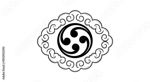A black and white illustration of a traditional Japanese kamon crest with swirling comma shapes inside an ornate frame.