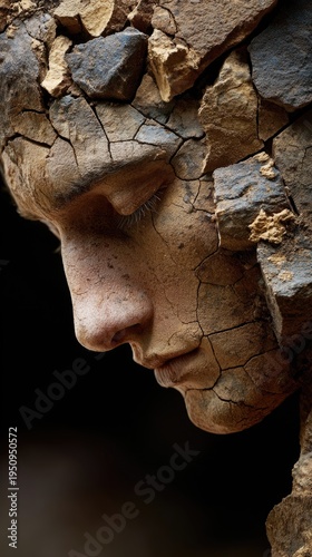 A face seemingly formed from cracked soil and rugged stones, emerging as if born from the earth