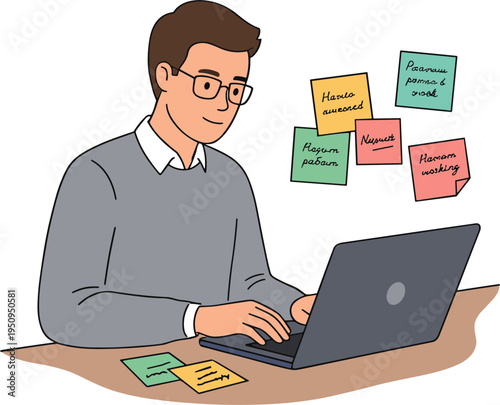 A man focuses on his laptop at a desk with colorful sticky notes around