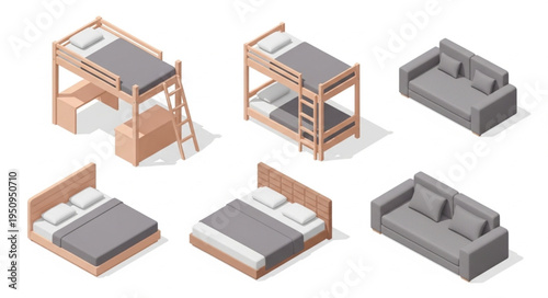 Collection of isometric furniture for bedroom and living room.
