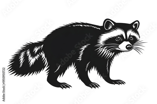 Black and White Raccoon Illustration: A detailed black and white illustration of a raccoon, showcasing its distinctive features such as the bandit mask and bushy tail.