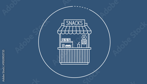 Snack stand icon with hot dog, drinks, and food display on blue background