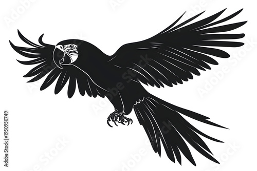 Parrot in Flight: A striking silhouette of a parrot soars gracefully through the air, wings outstretched in full display of its freedom. capturing the essence of the tropics.