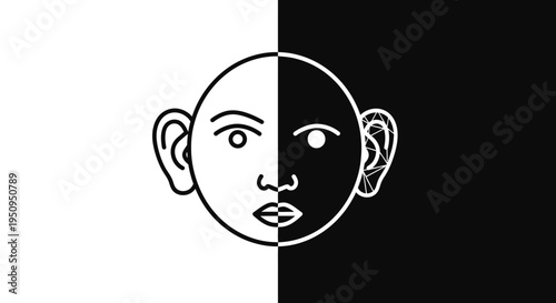 Split Face: Black and White Contrast, Abstract Human Head, Duality Concept