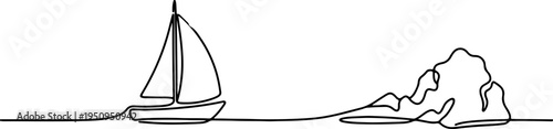 Minimalist One Line Art of Sailboat and Island on Sea