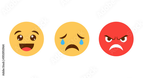 Happy, sad and angry emoji faces, vector illustration, emotions concept, flat design, for web and print.