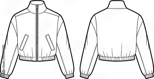 Technical fashion flat sketch of bomber jacket with zipper, ribbed hem, pockets, long sleeves, front and back views isolated on white background