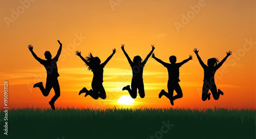 Group of friends jumping for joy at sunset.