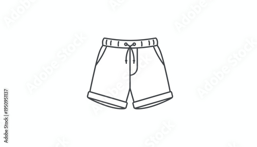 Simple Line Drawing of Comfortable Shorts with Drawstring and Pockets on White Background