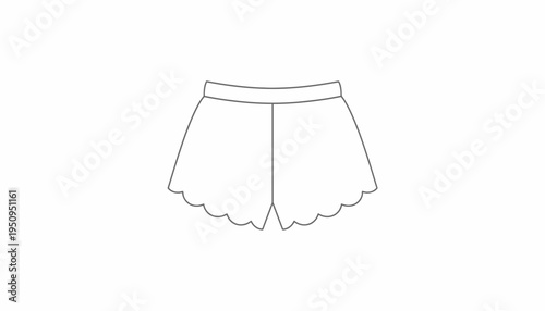 Simple Line Drawing of Scalloped Hem Shorts on White Background