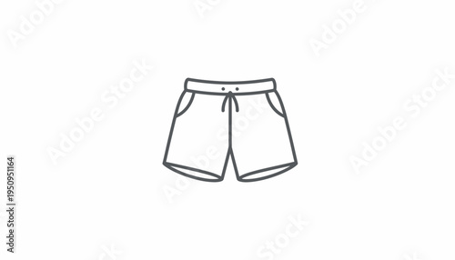 Simple line drawing of shorts with drawstring and pockets, isolated on white background.