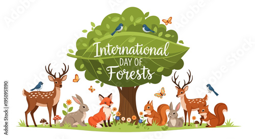 Illustration design for International Day of Forests featuring animals and a tree on a white background with a focus on forest conservation awareness.