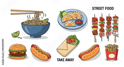 Assortment of delicious street food dishes and snacks.