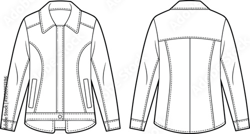 Technical jacket flat sketch vector illustration showing front and back views with stitching details, pockets, seams and fashion design template for apparel production