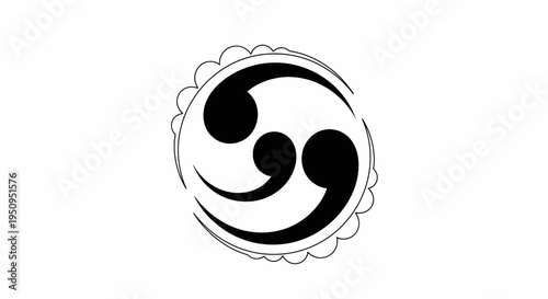 A black and white illustration of a triple comma-like swirling symbol, resembling a mitsudomoe, within a decorative scalloped circular border.