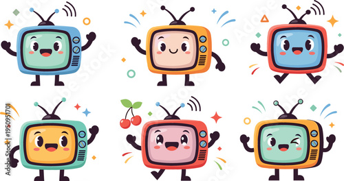 Cute Cartoon Television Character Set with Retro TV Mascots, Smiling Vintage Screens, and Funny Broadcast Devices for Kids Media and Entertainment Design