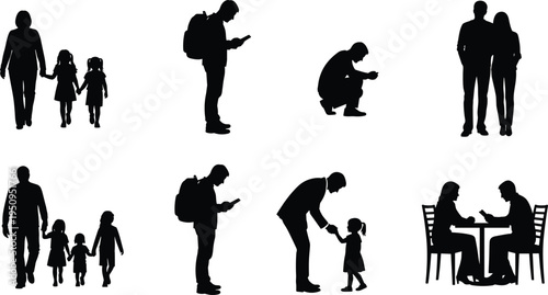 People lifestyle silhouettes collection, family walking, smartphone users, couple interaction scenes, daily life activities vector set, isolated human illustration bundle