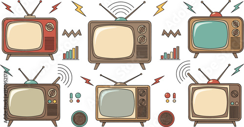 Vintage Retro Television Icon Set with Old TV Screens, Antenna Signals, and Broadcast Symbols for Media, Entertainment, and Classic Technology Design