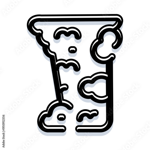 Minimalist icon or symbol with thick black outline depicting a fictional character's helmet, rendered in a creative pop art style with flowing smoke elements and a shadow effect