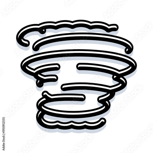 Stylized graphic icon depicting a powerful tornado swirling, illustrating concepts of natural disaster, adverse weather, wind, and movement in black and white lines with a shadow effect