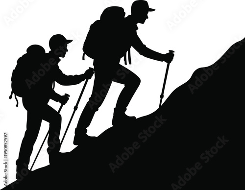 Black and white vector silhouette of two hikers with backpacks and trekking poles climbing up a steep mountain slope peak.