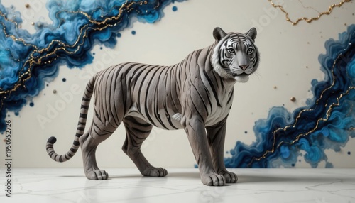 A striking white tiger with black stripes stands confidently, gazing forward, against an elegant background of swirling blue and gold abstract patterns.