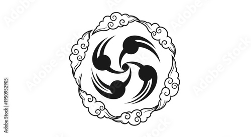 Black and white graphic illustration of a swirling four-part symbol encircled by stylized clouds, evoking a traditional Asian or spiritual motif.