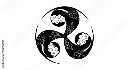 A black and white abstract circular triskelion design with swirling cloud patterns inside each arm, set against a plain background.