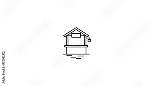 Simple Line Art Icon of a Wishing Well with Bucket and Roof, Isolated on White Background