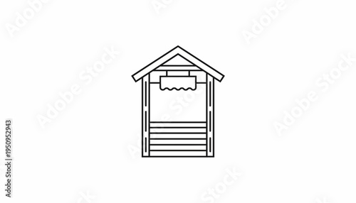 Simple Line Art Icon of a Wooden Well with Roof and Bucket