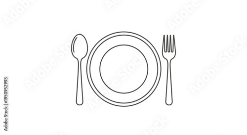 Simple Line Art Icon of Plate with Fork and Spoon, Minimalist Dining Symbol