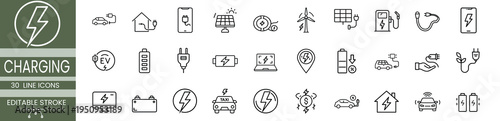 Sustainable green energy and EV charging line icon featuring solar panel wind turbine battery electric car, eco power more vector illustration or editable stroke.