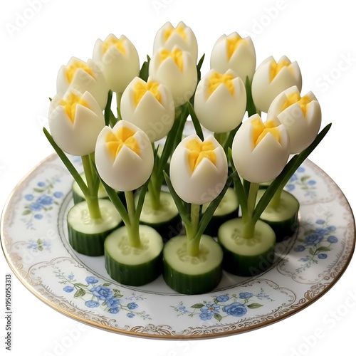 White tulip flower food arrangement on decorative plate isolated on white background